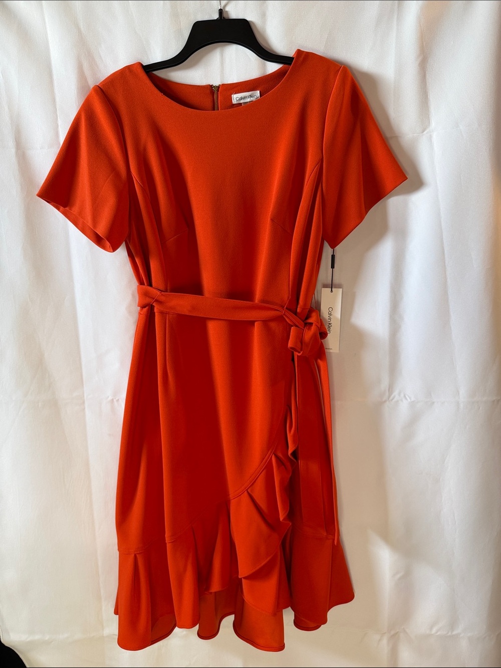 NWT Calvin Klein Orange Short-Sleeve Ruffle Belted Dress